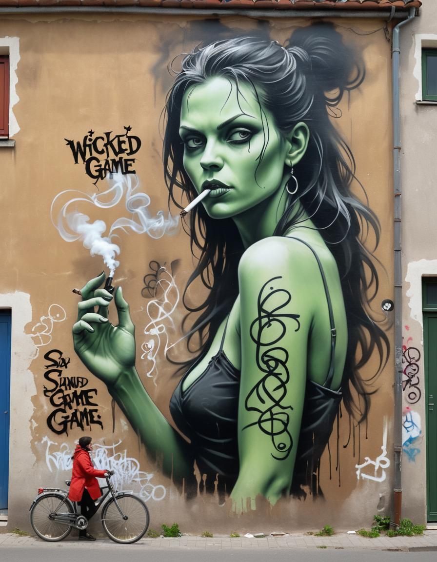 Graffiti Art: Woman Smoking by 'Wicked Game' Wall