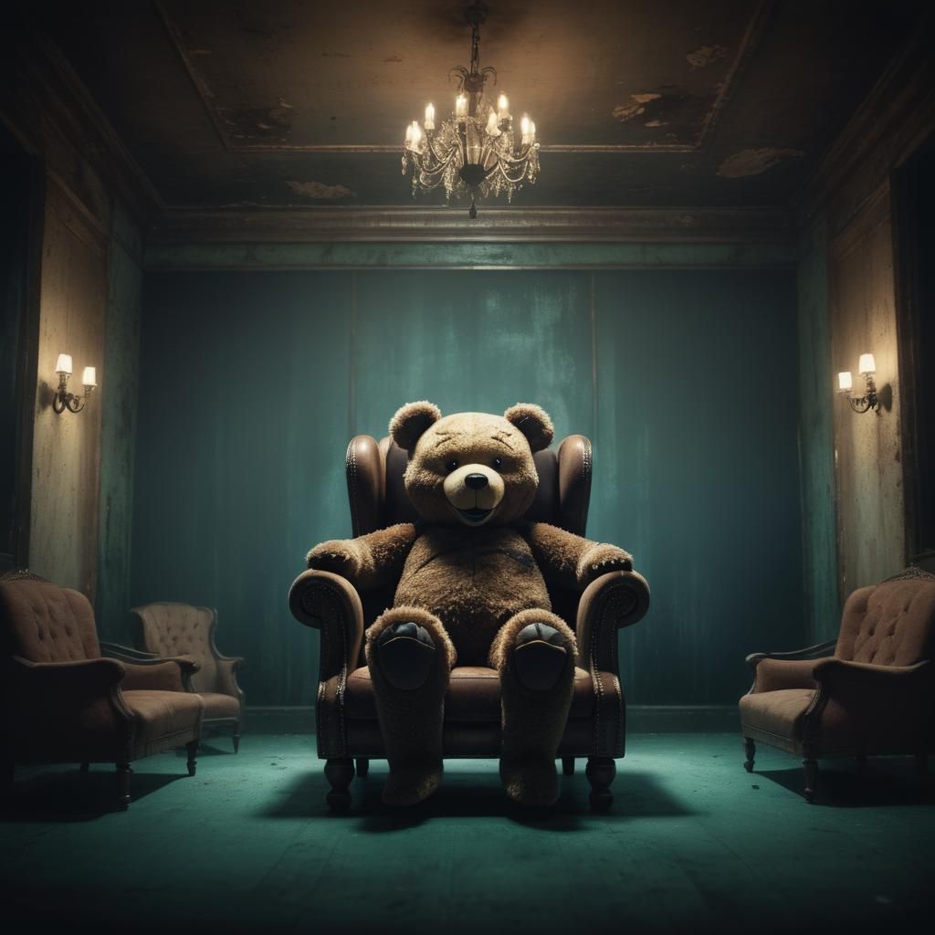Eerie Surrealism: Laughing Teddy Bear in Shadows