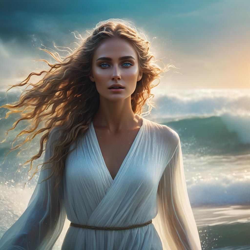 Illyrian Woman Emerges from the Sea: Hyper-Realistic Digital...