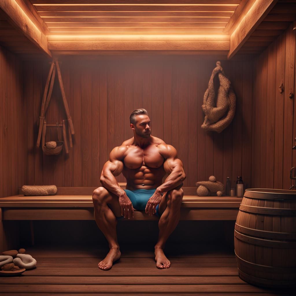 Bodybuilder Relaxing in Sauna: Detailed Matte Painting