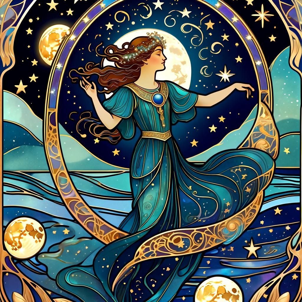 Art Nouveau Tarot Card with Moon and Stars