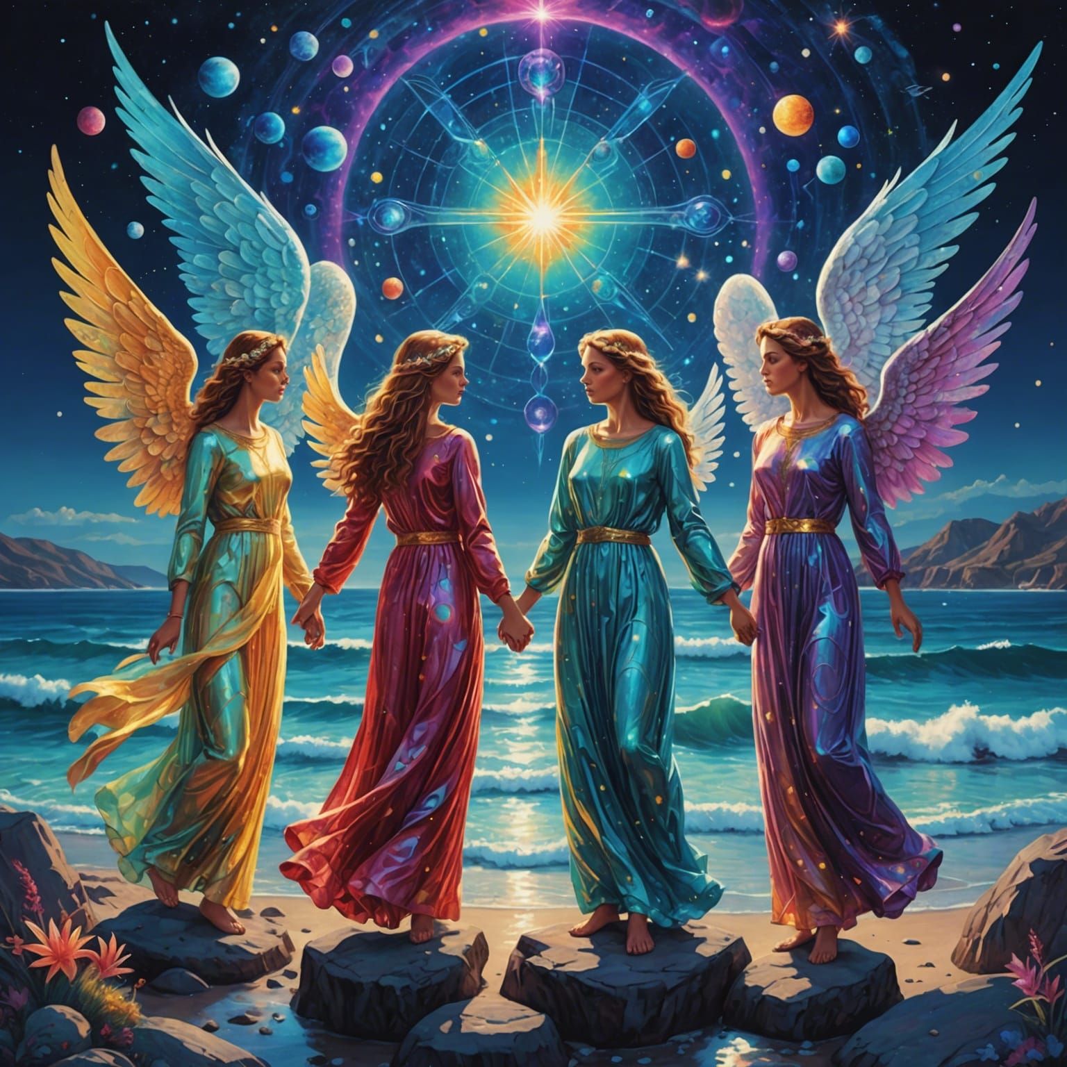 Angels' Seaside Party: Holographic Astral Illustration
