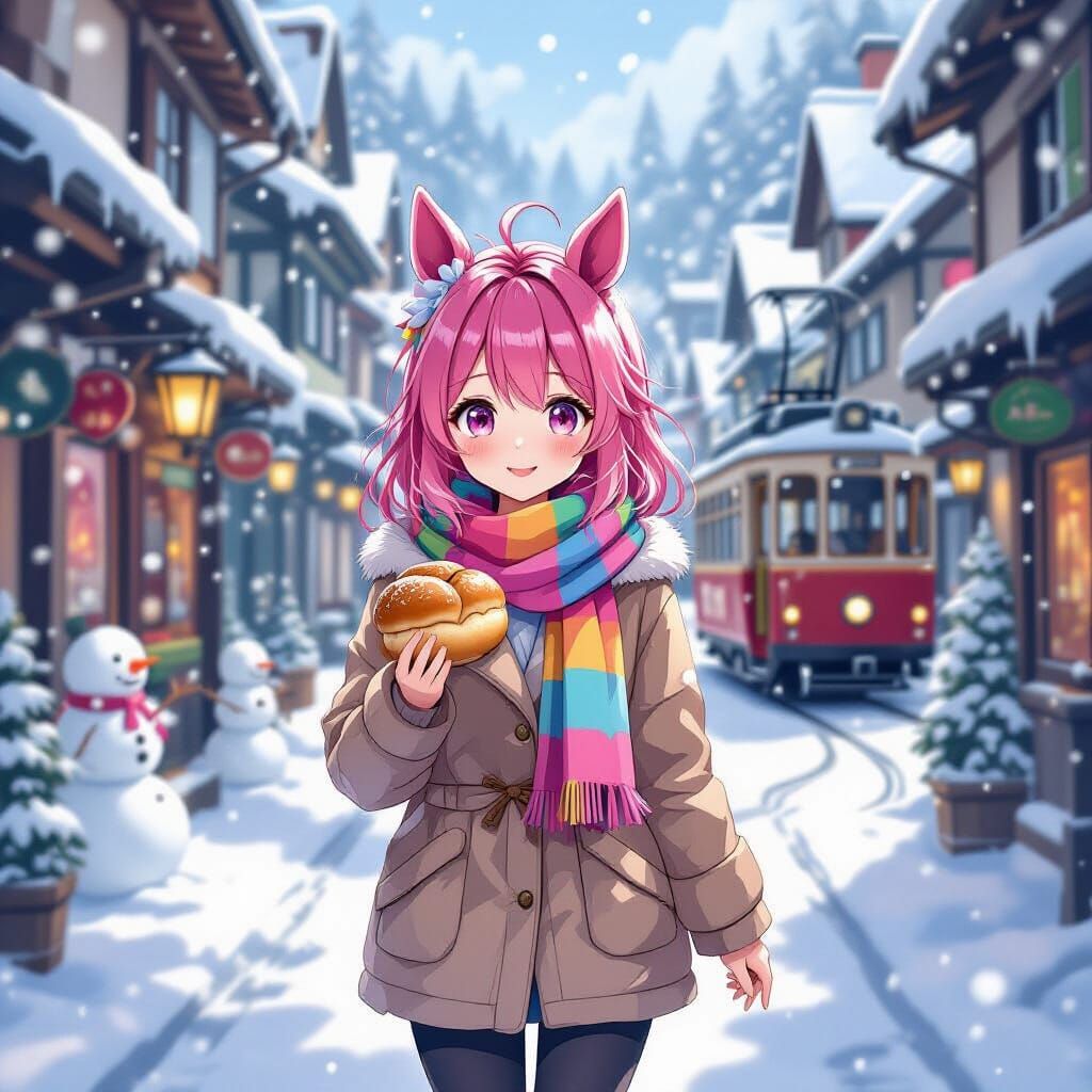 Anime Woman with Pink Hair and Horse Ears in Snowy Medieval ...