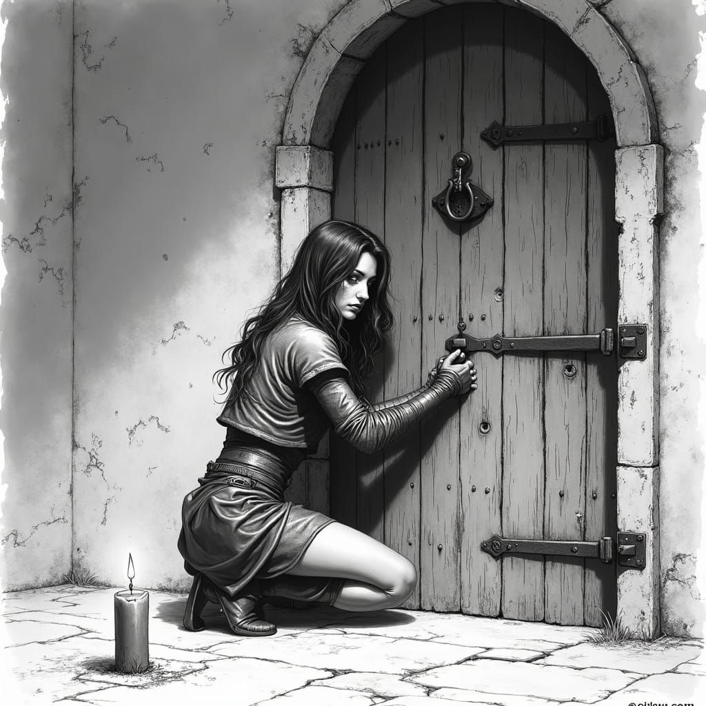Thief Lockpicking Door: Black and White Pencil Sketch