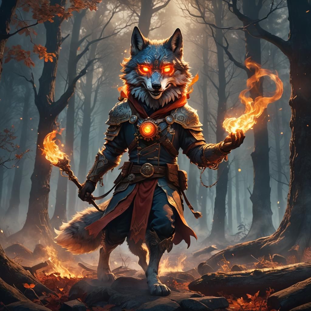 Heroic Wolf with Fox Mask in Mystic Forest
