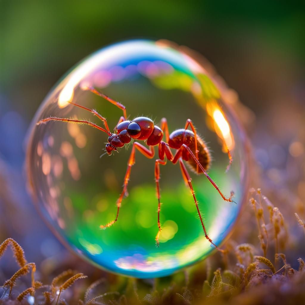 Fire Ant Trapped in Iridescent Bubble