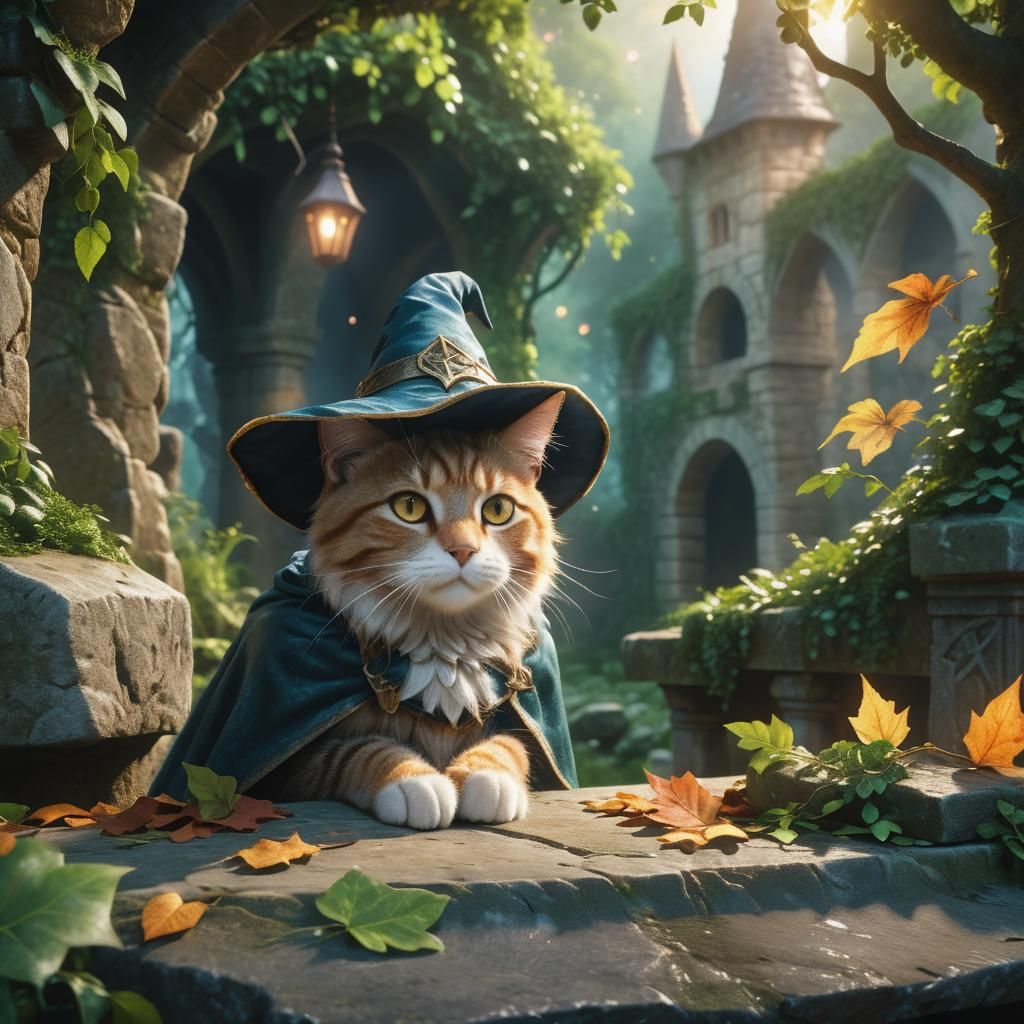 Whimsical Cat Wizard in Forest: 3D Anime Art