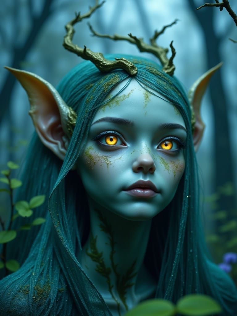 Photorealistic Forest Alien Portrait in Twilight