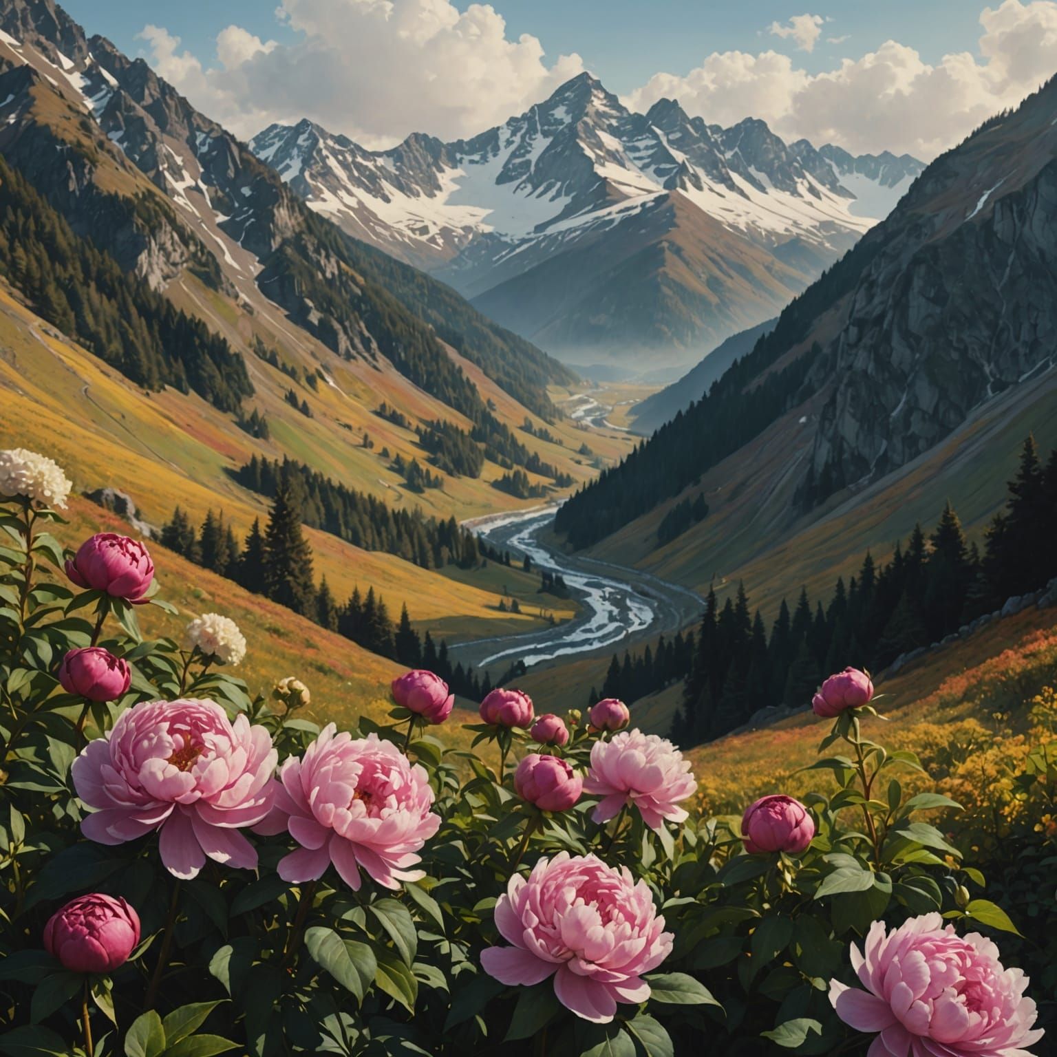 Autumn Mountain Flowers in Gouache, Hyperrealistic Style