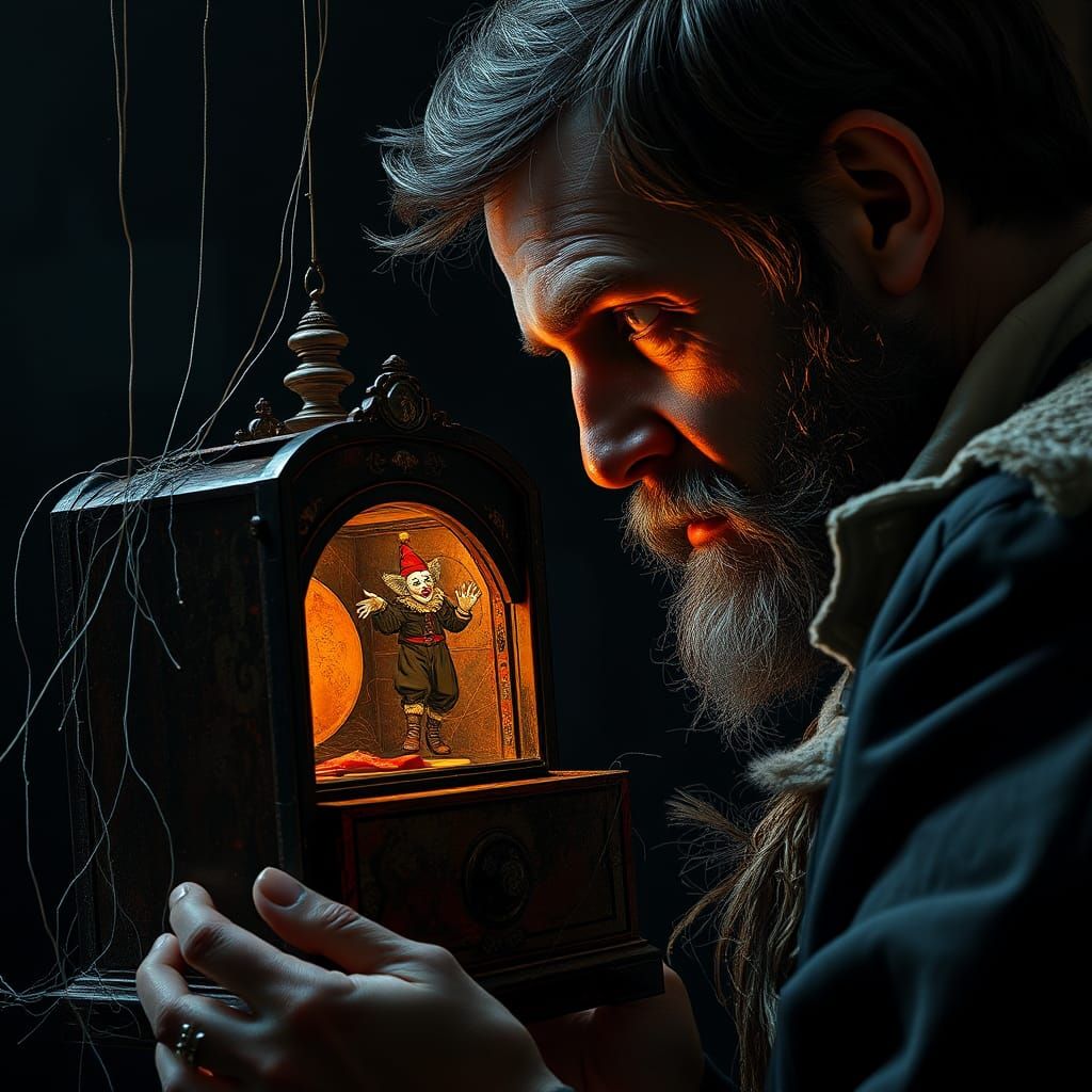 Sinister Music Box Portrait in Hyperrealistic Style