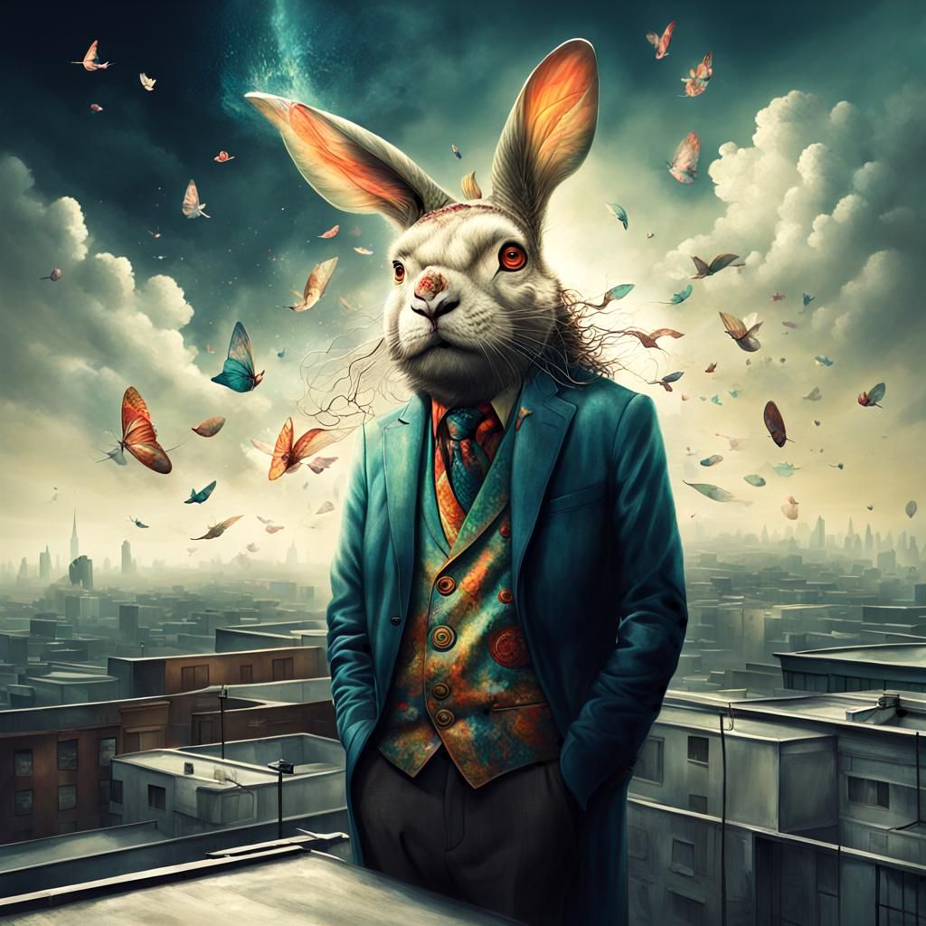 Trippy Rooftop Somnambulist Portrait in Naturalistic Style