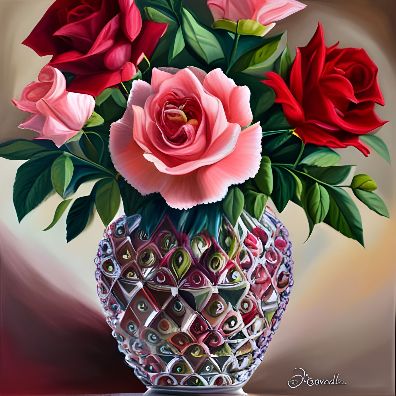 Hyperrealistic Oil Painting of Red and Pink Roses