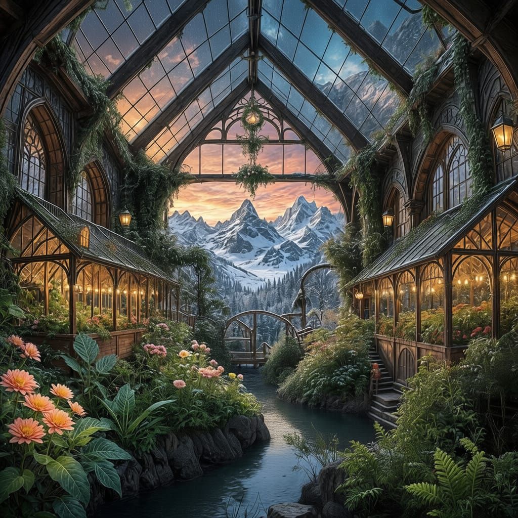 Gothic Greenhouse Oasis High in Snowy Mountains