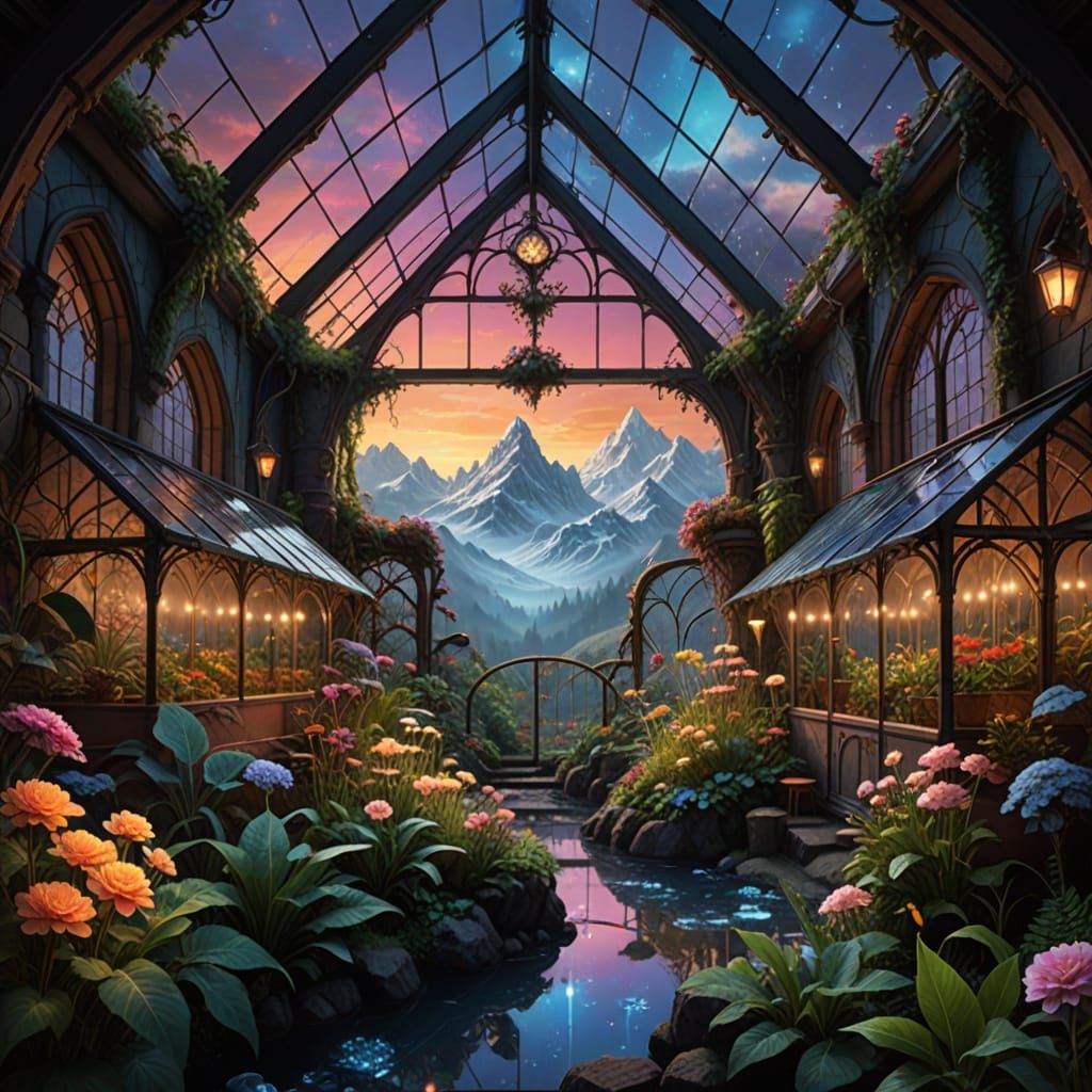 Gothic Mountain Greenhouse with Elves Skiing on Plants