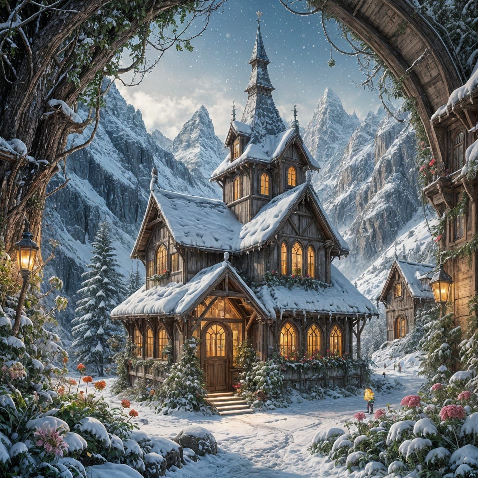 Gothic Greenhouse in Snowy Mountains with Elves Skiing