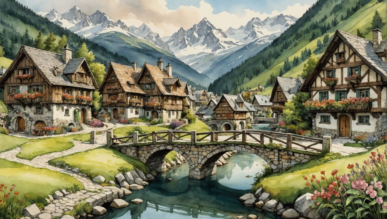 Whimsical Alpine Village in Watercolor and Ink