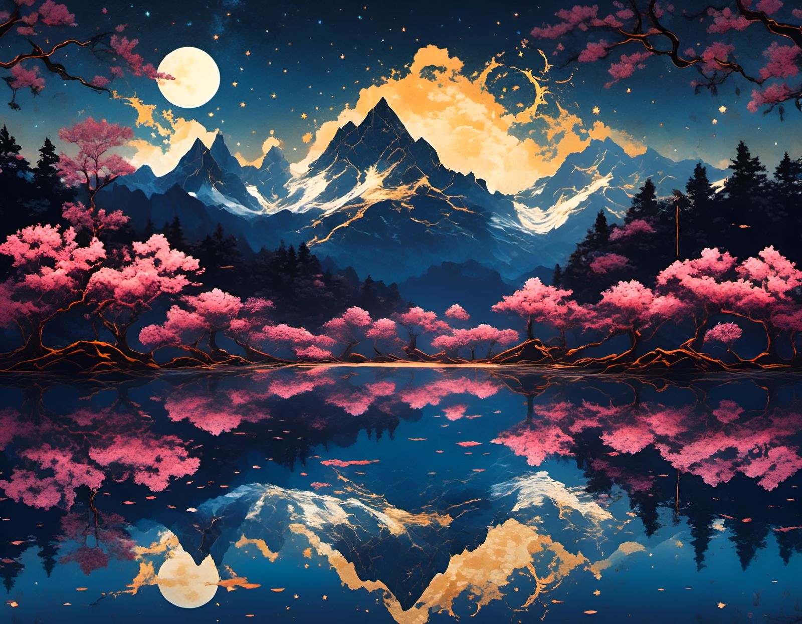 Magnolia Silhouettes Reflecting Mountainscape at Night