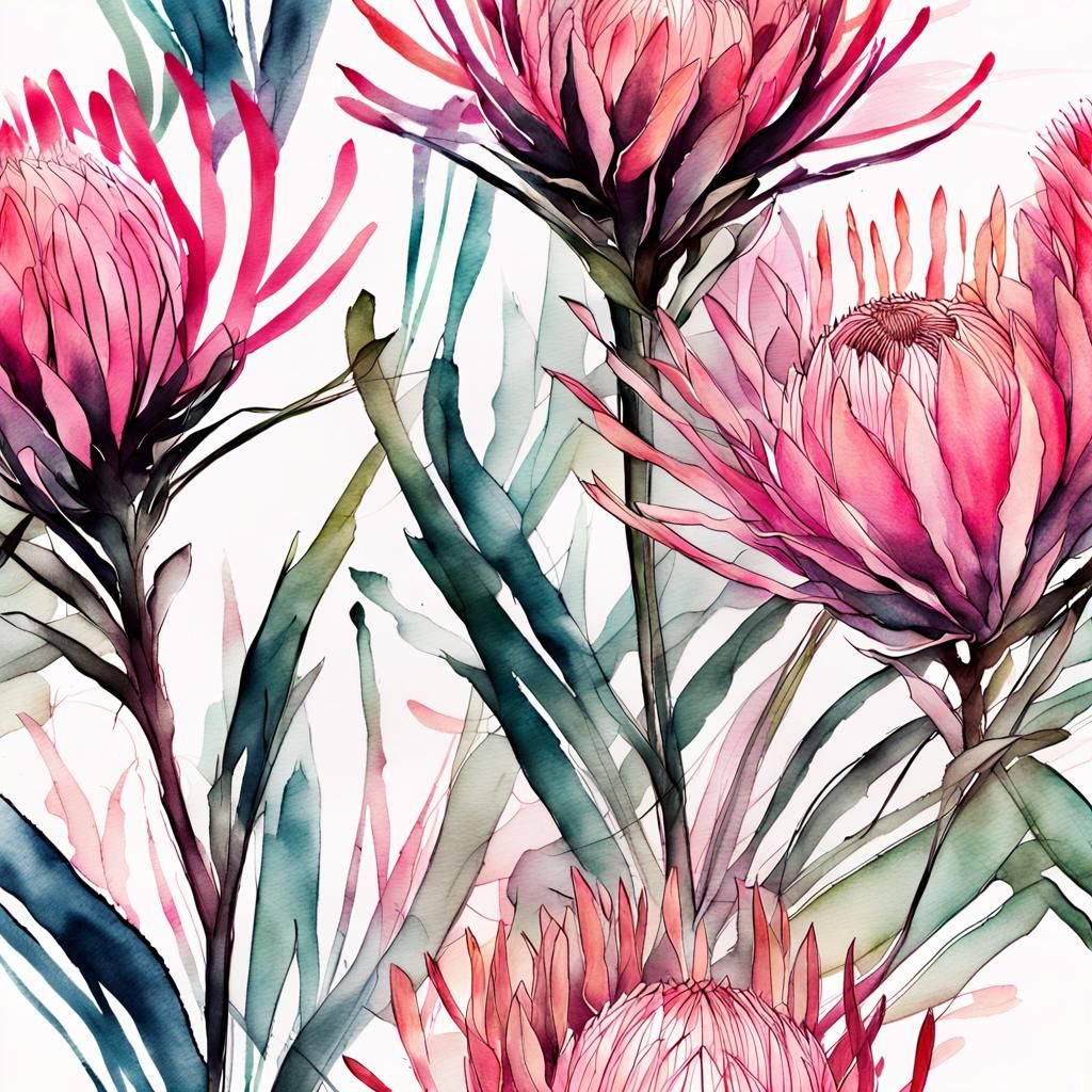Pink Protea in Fluid Ink Sketch Style