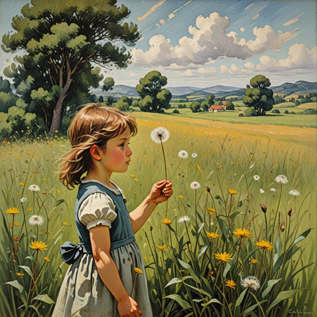 Child with Dandelion in Impressionist Meadow