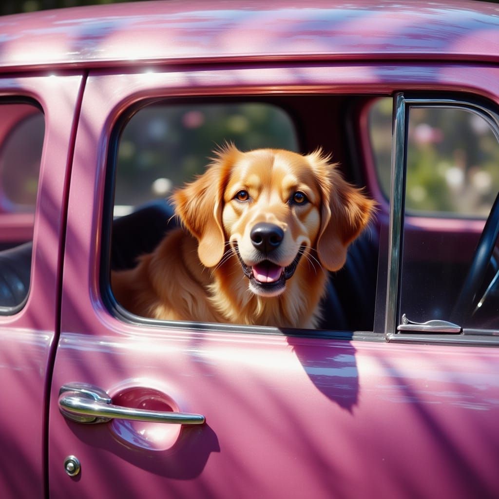 Hyperrealistic VW Beetle with Golden Retriever in Metallic T...