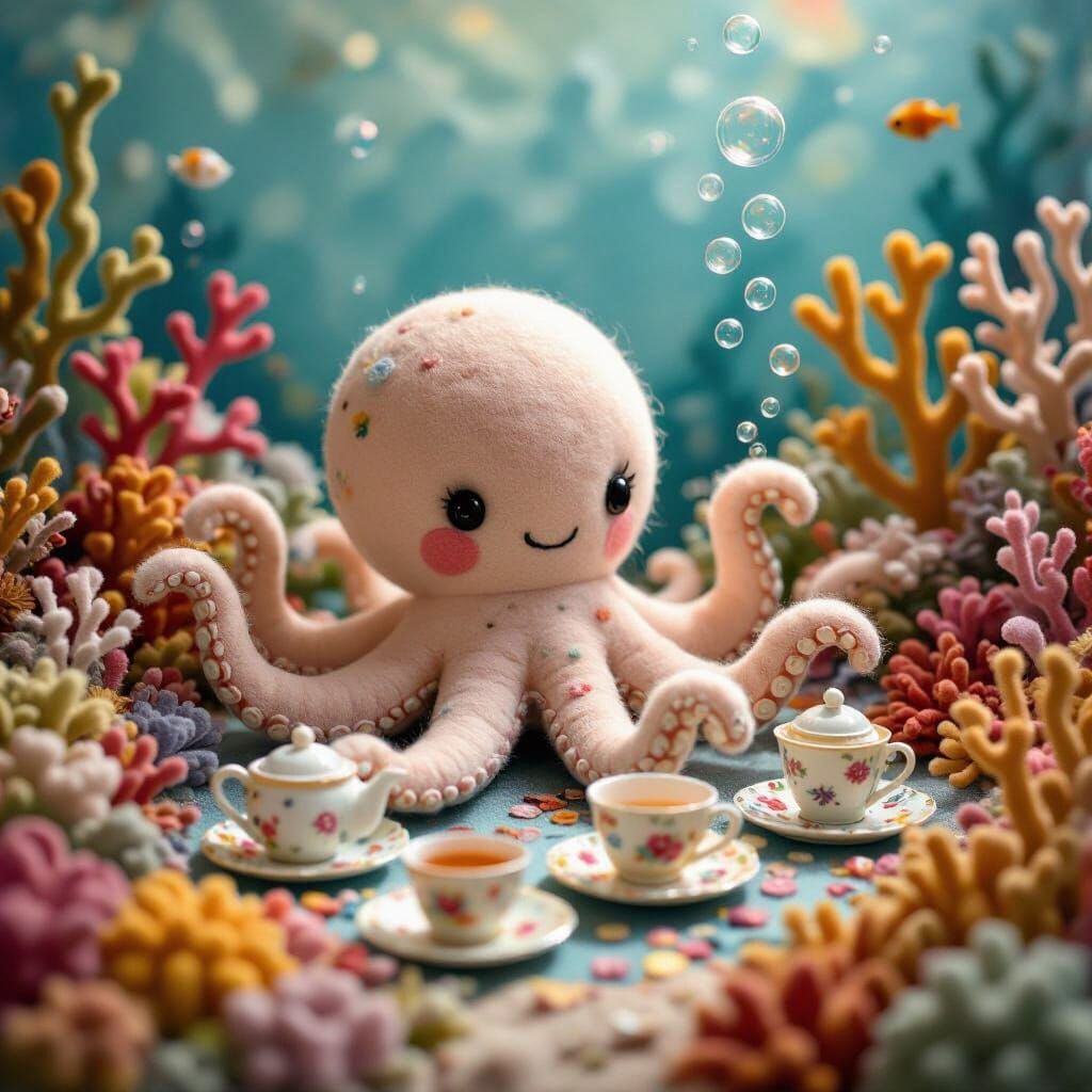 Felted Octopus's Underwater Tea Party in Whimsical Style