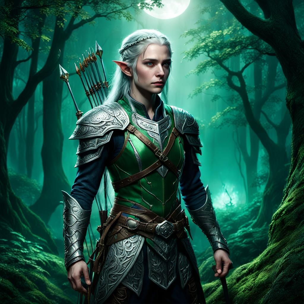 Half-Elf Archer in Moonlit Forest: Digital Matte Painting