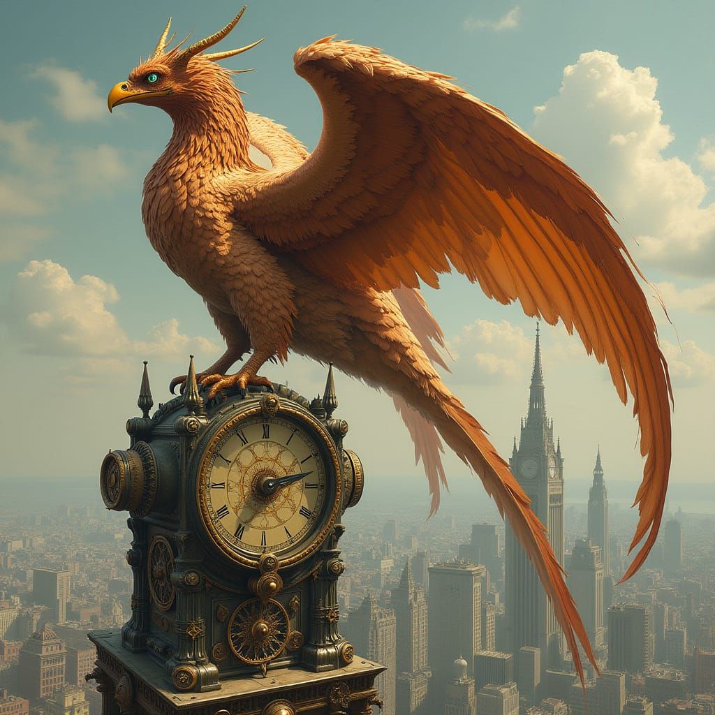 Steampunk Griffin Perched on Clockwork Spire