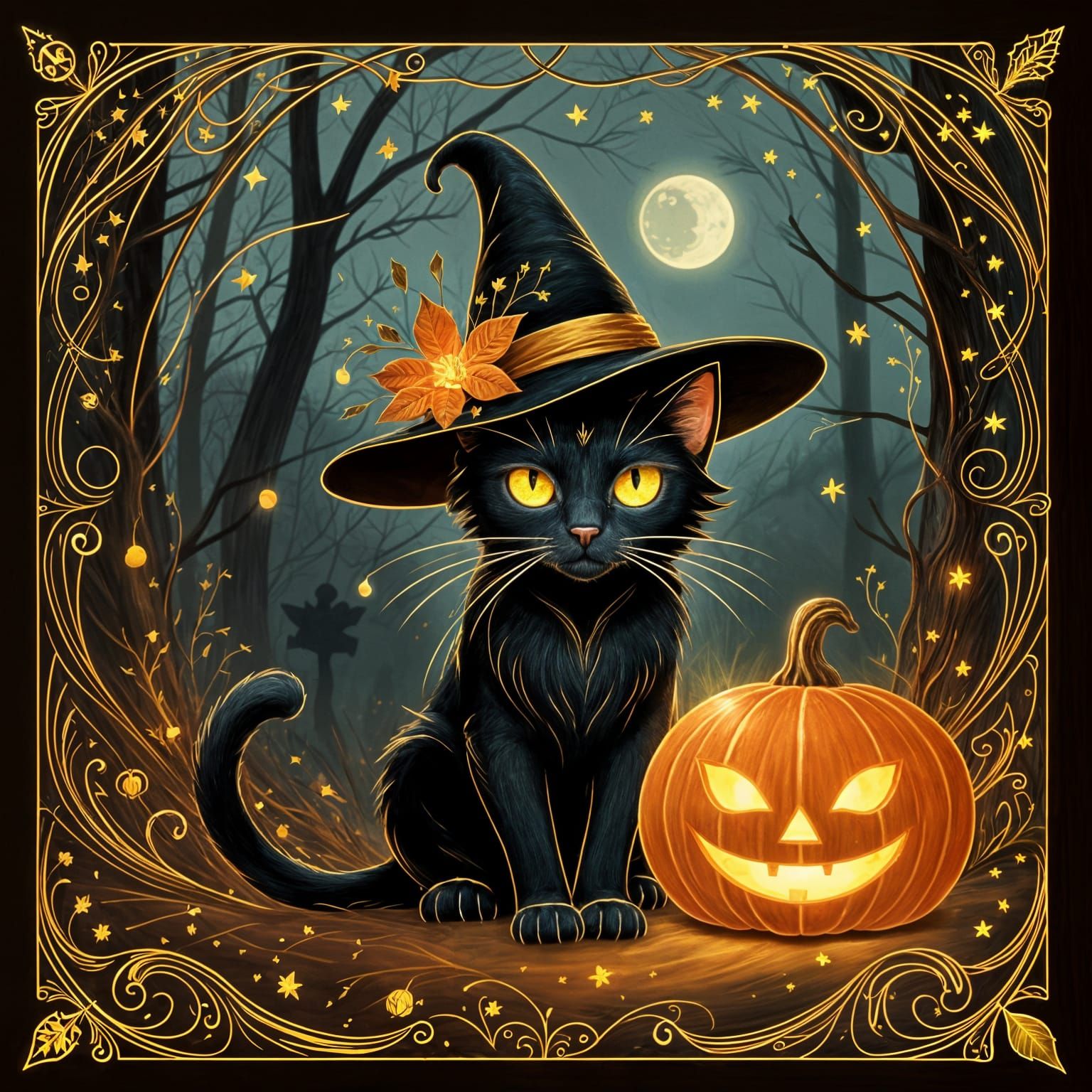 Black Cat in Witch Hat with Jack O Lantern