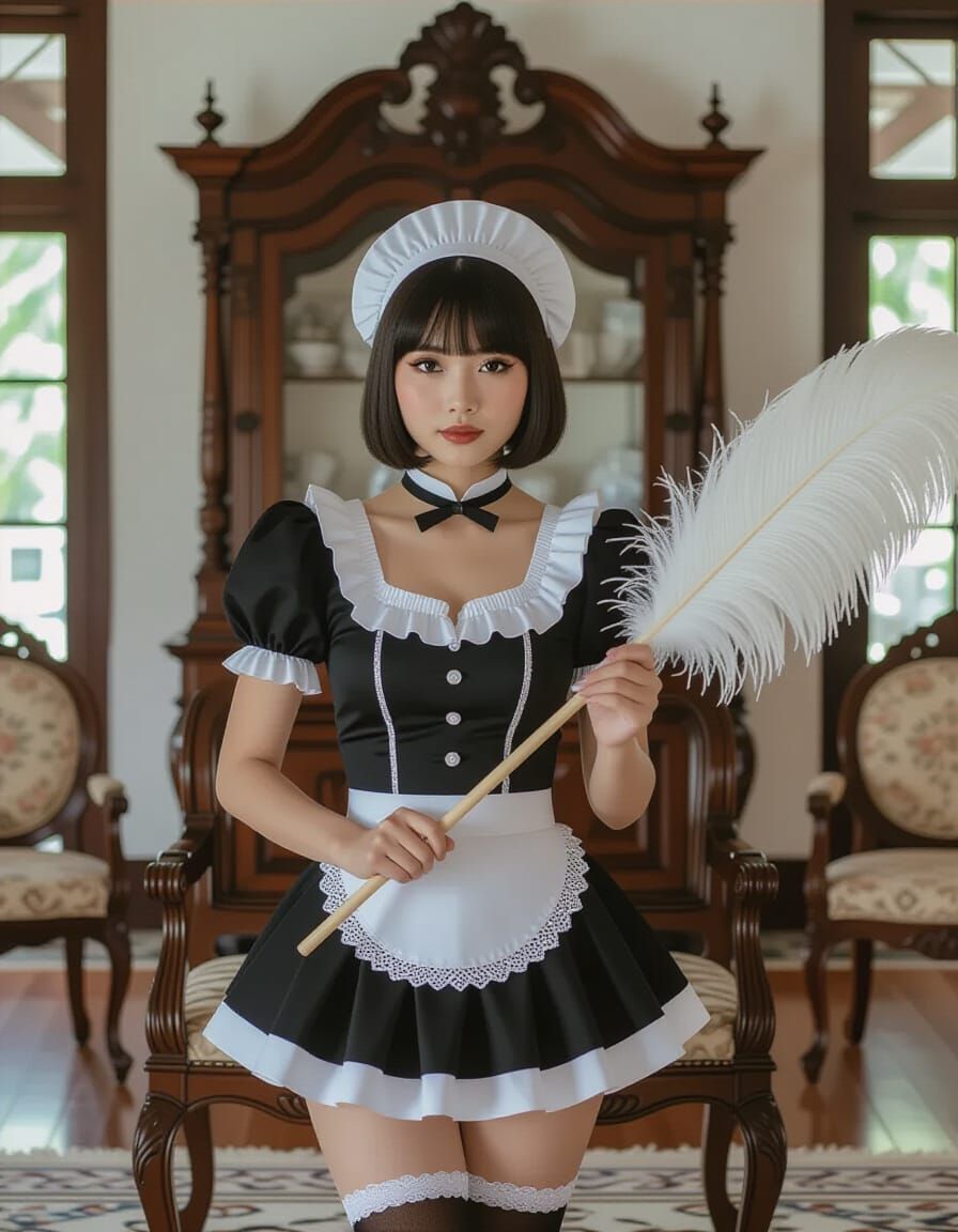 Indonesian Maid Dusting in Tropical Colonial Mansion