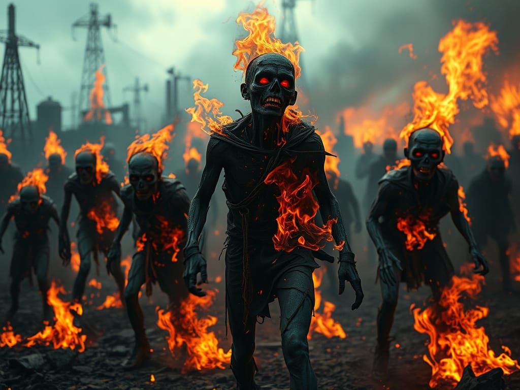 Burning Zombies in Post-Apocalyptic Landscape