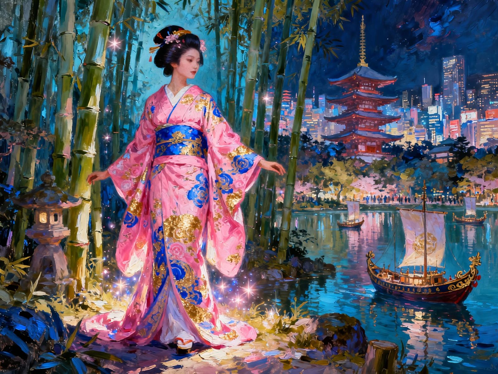 Elegant Geisha in Mystical Forest with Pagoda and Lake