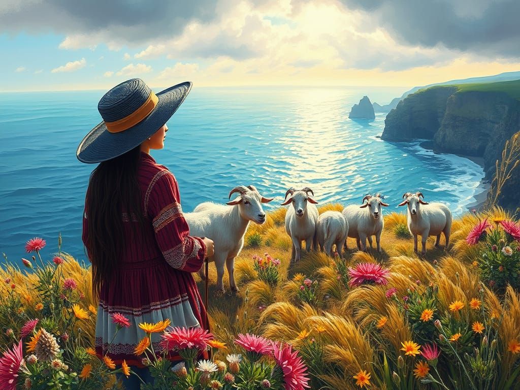 Playful Native Woman Herds Goats Amidst Coastal Wildflowers
