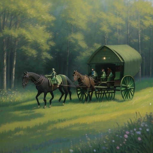 Green Wagon and Black Horse in Impressionist Style