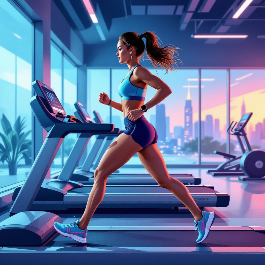 Athletic Woman on Treadmill in Vibrant Style