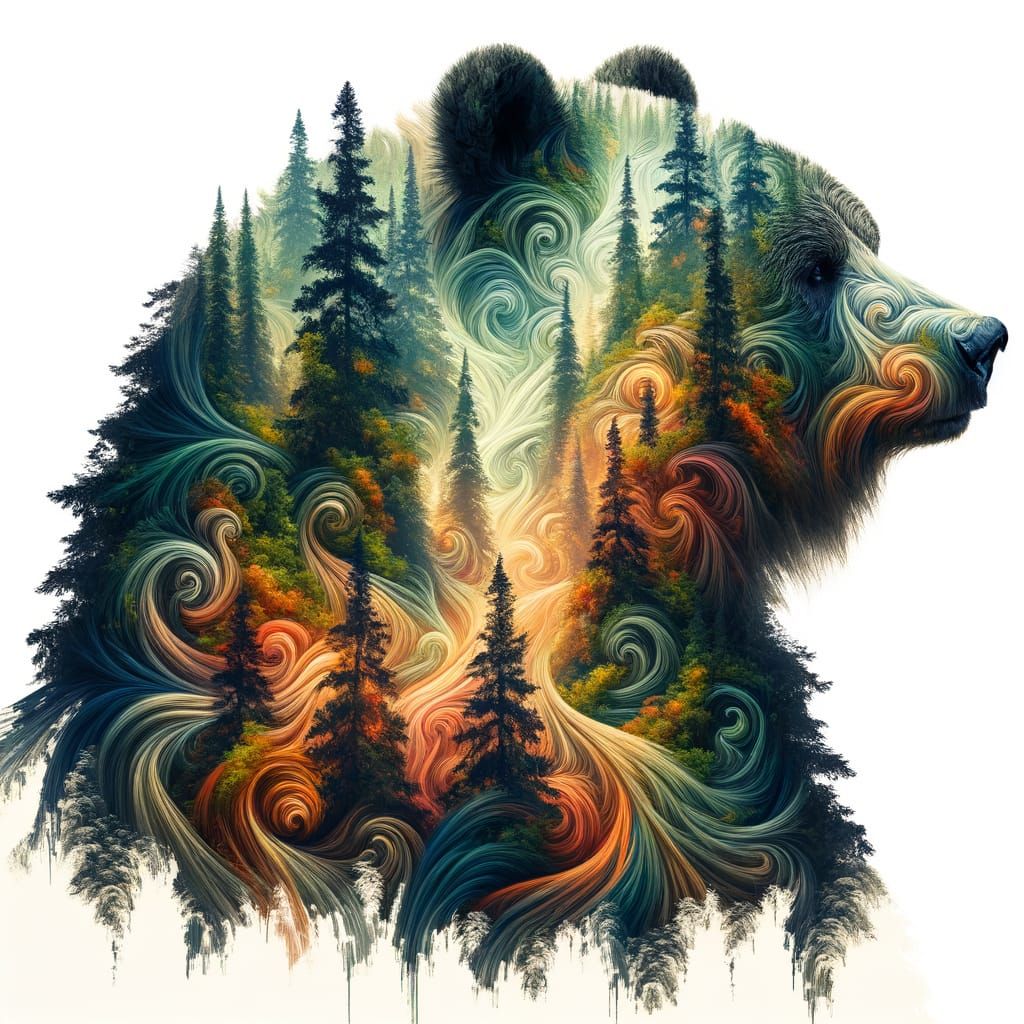 Surreal Grizzly Bear Silhouette Filled With Ancient Forest