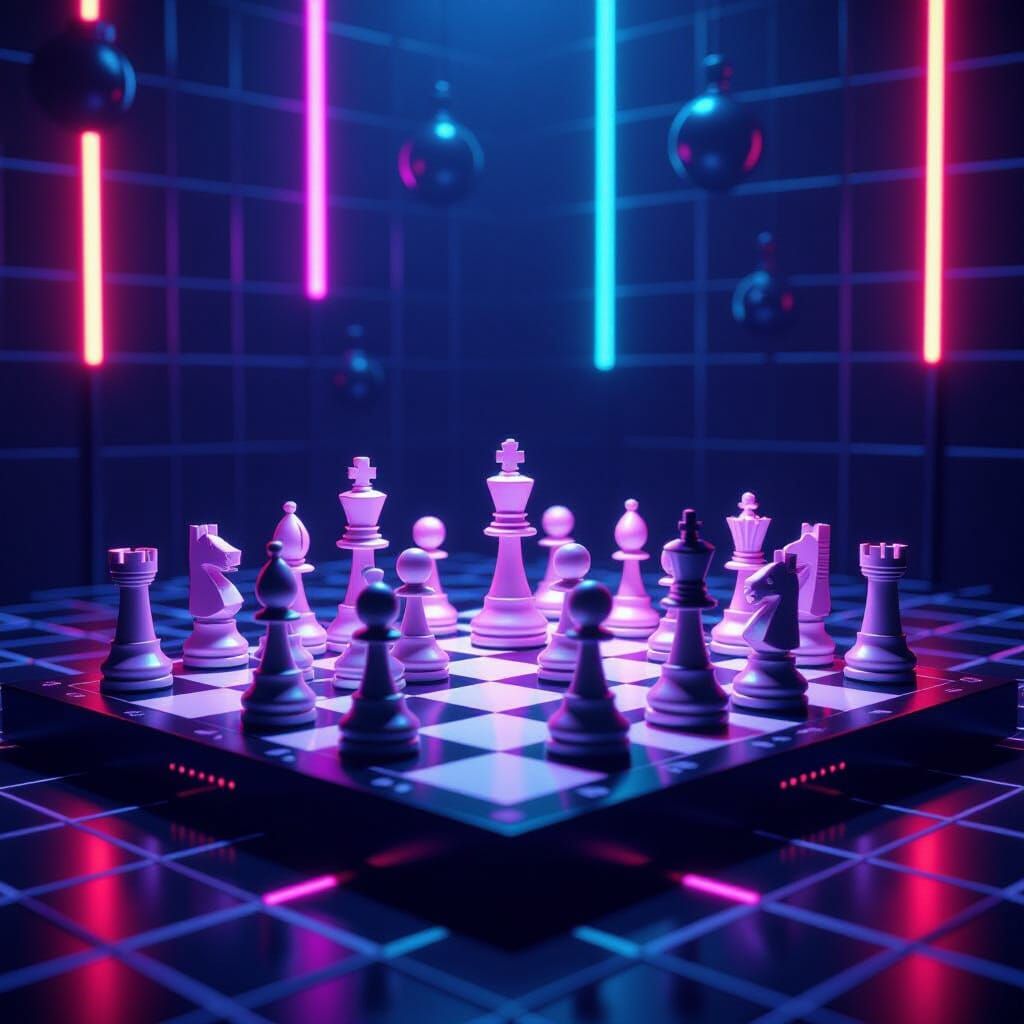 Synthwave Neon Chess Board with Intricate Pieces