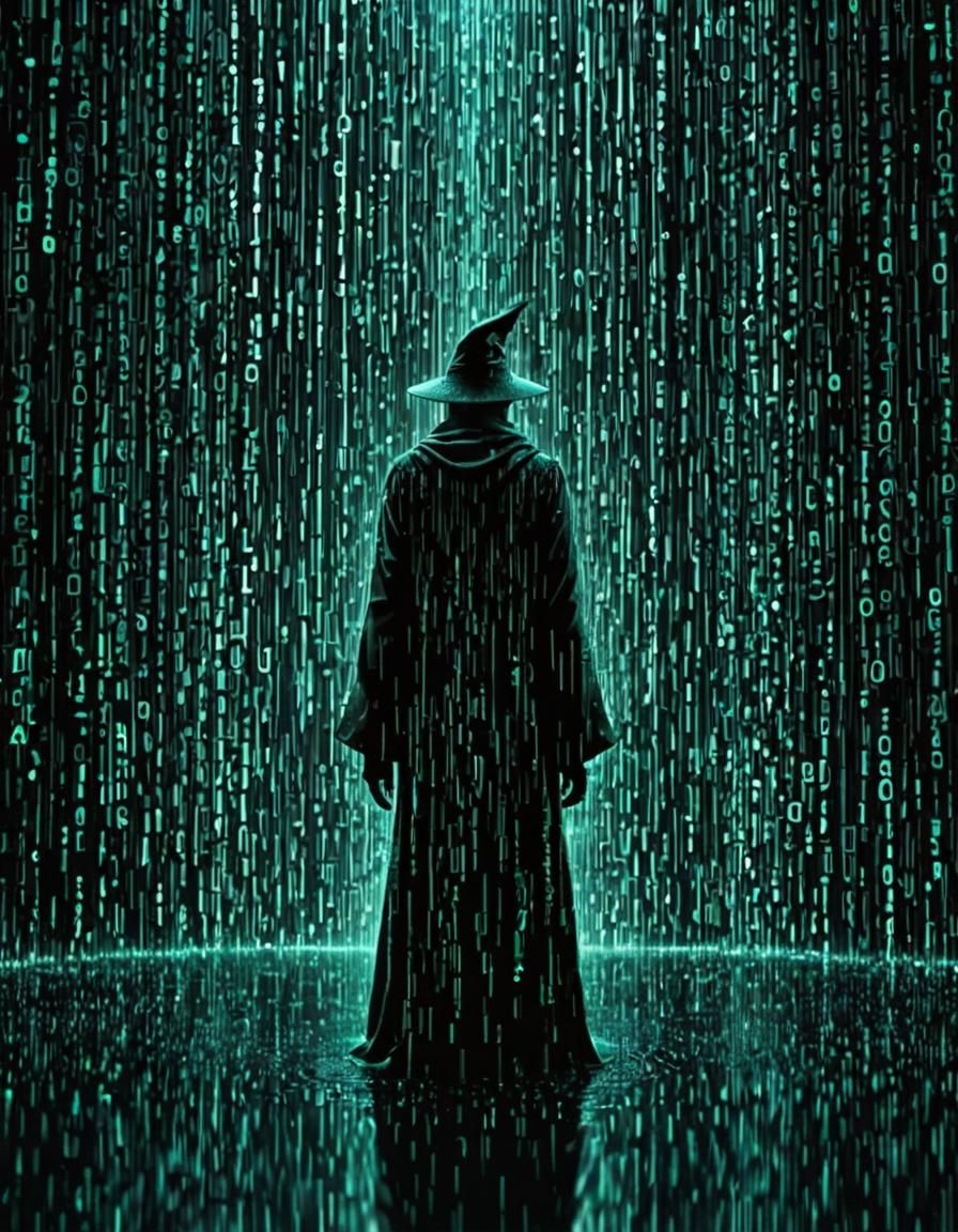 Wizard Silhouette in Teal Matrix Code Rain