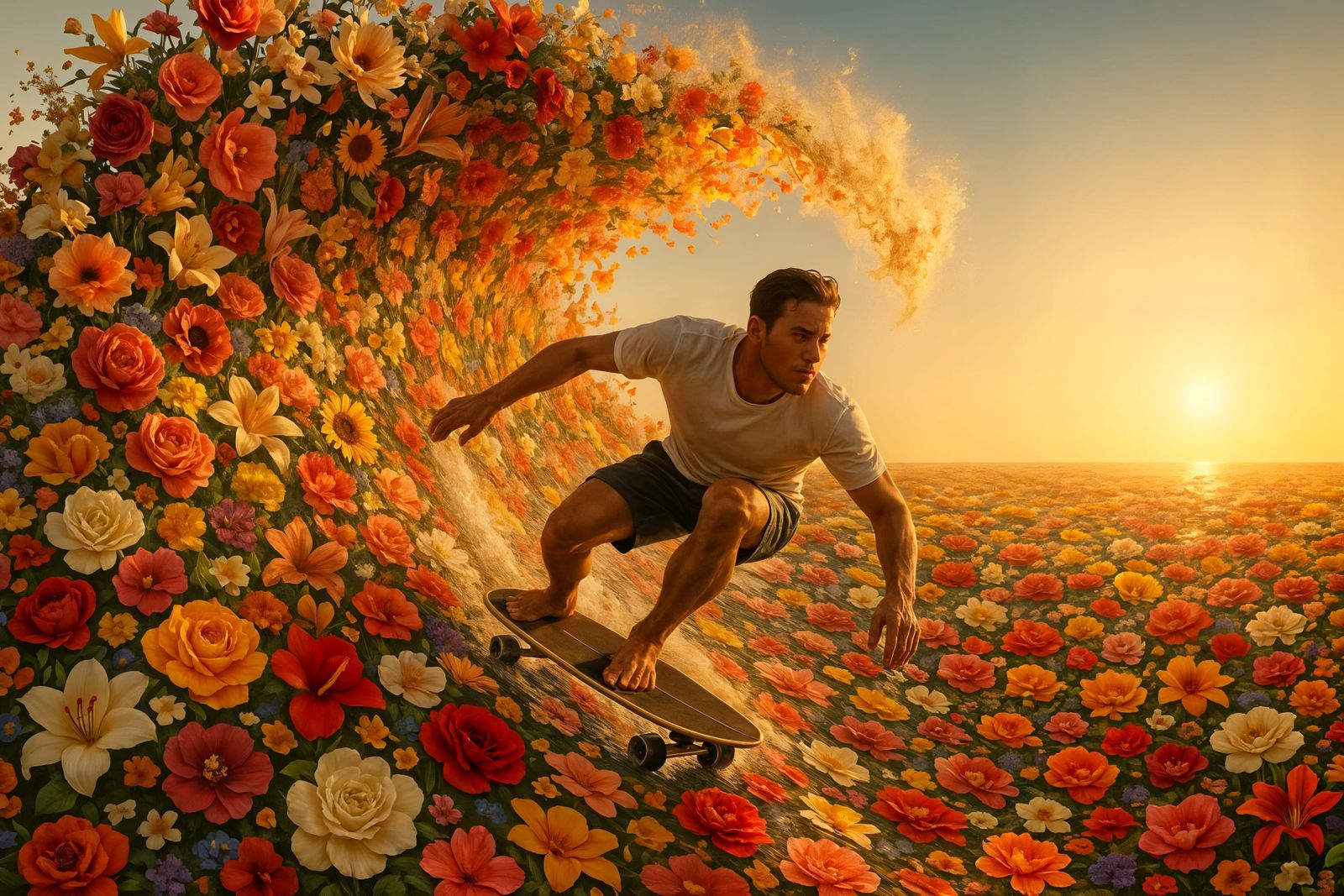 Surfer Rides Colossal Flower Wave at Golden Hour