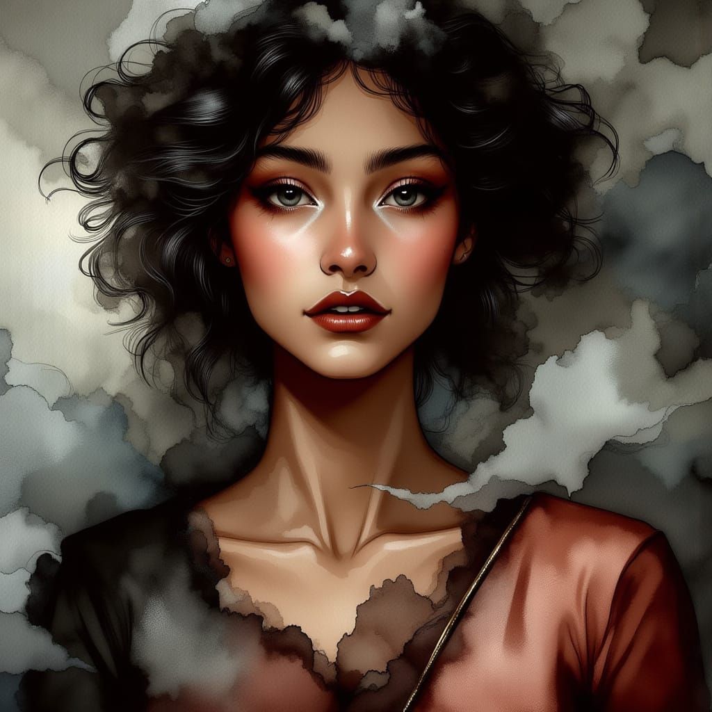 Elegant Fashion Woman Portrait in Digital Ink Style