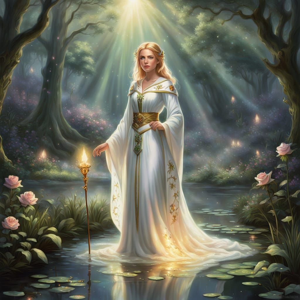 Ethereal Fantasy Mage in Moonlit Glade Pond