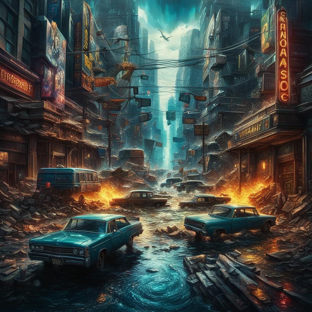 Hyperrealistic Crossroads of Chaos: Dramatic Concept Art