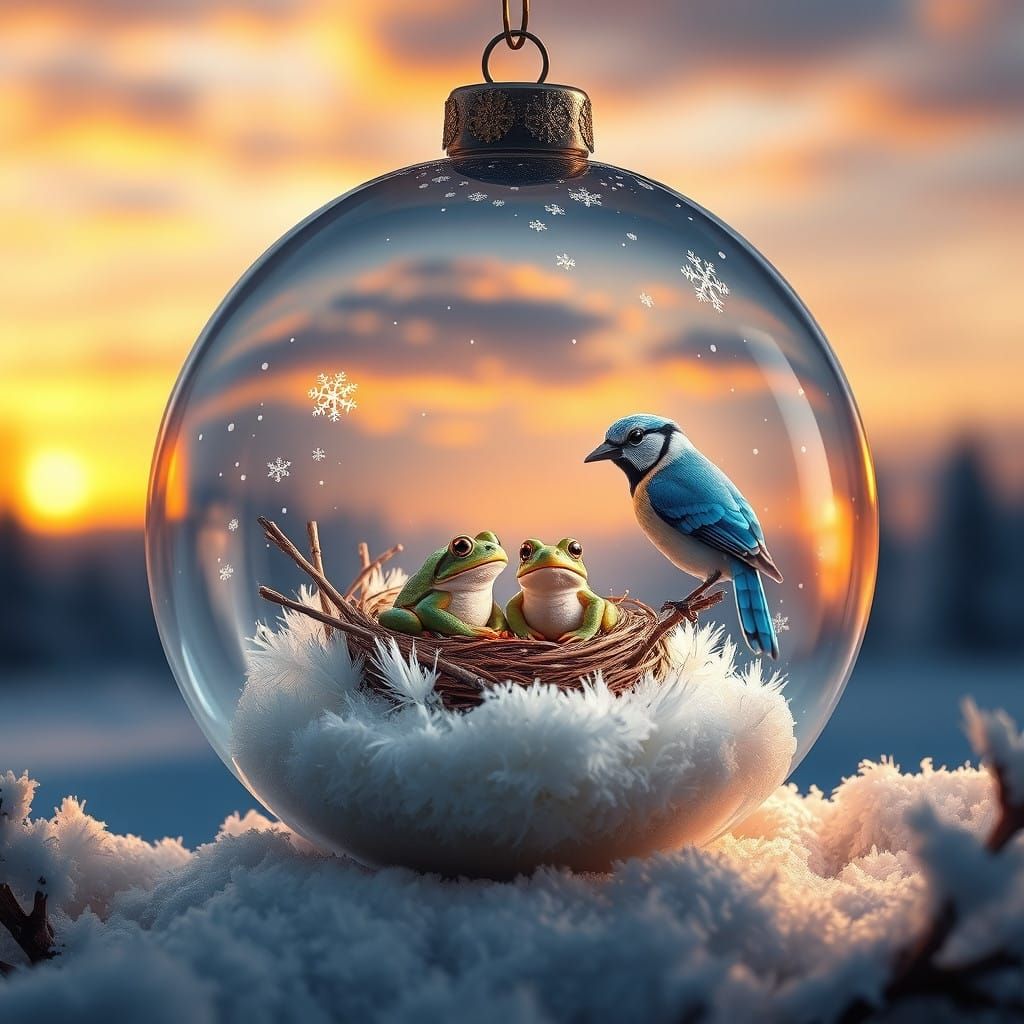A snowglobe Christmas Ornament with snowflakes,Inside a A tiny 🐅  miniature frogs sitting in a nest, a beautiful multic...