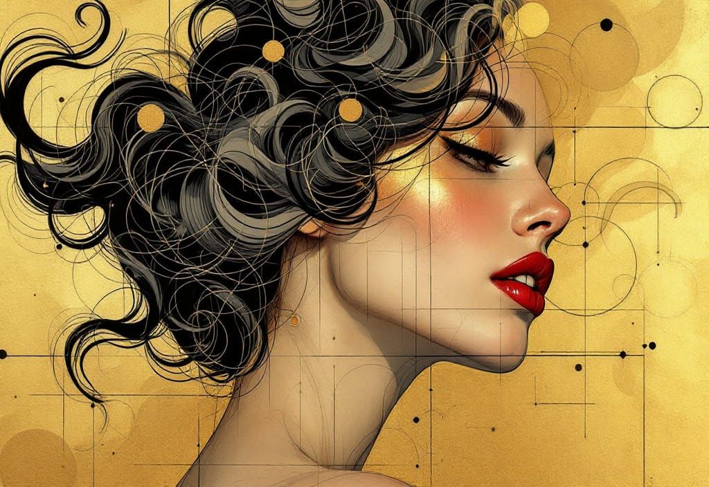 Abstract Woman with Swirling Hair in Geometric Style