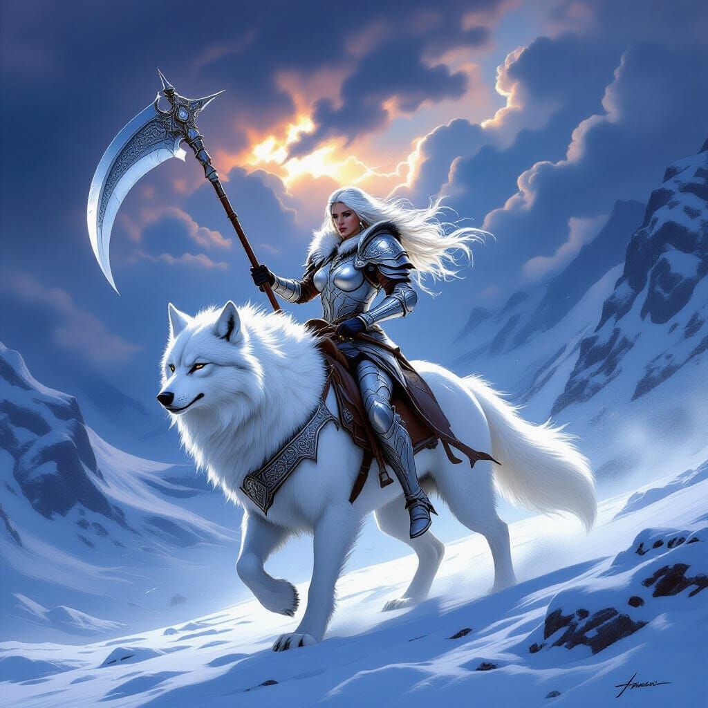 Princess Warrior on Wolf Battles Enemies with Glaive