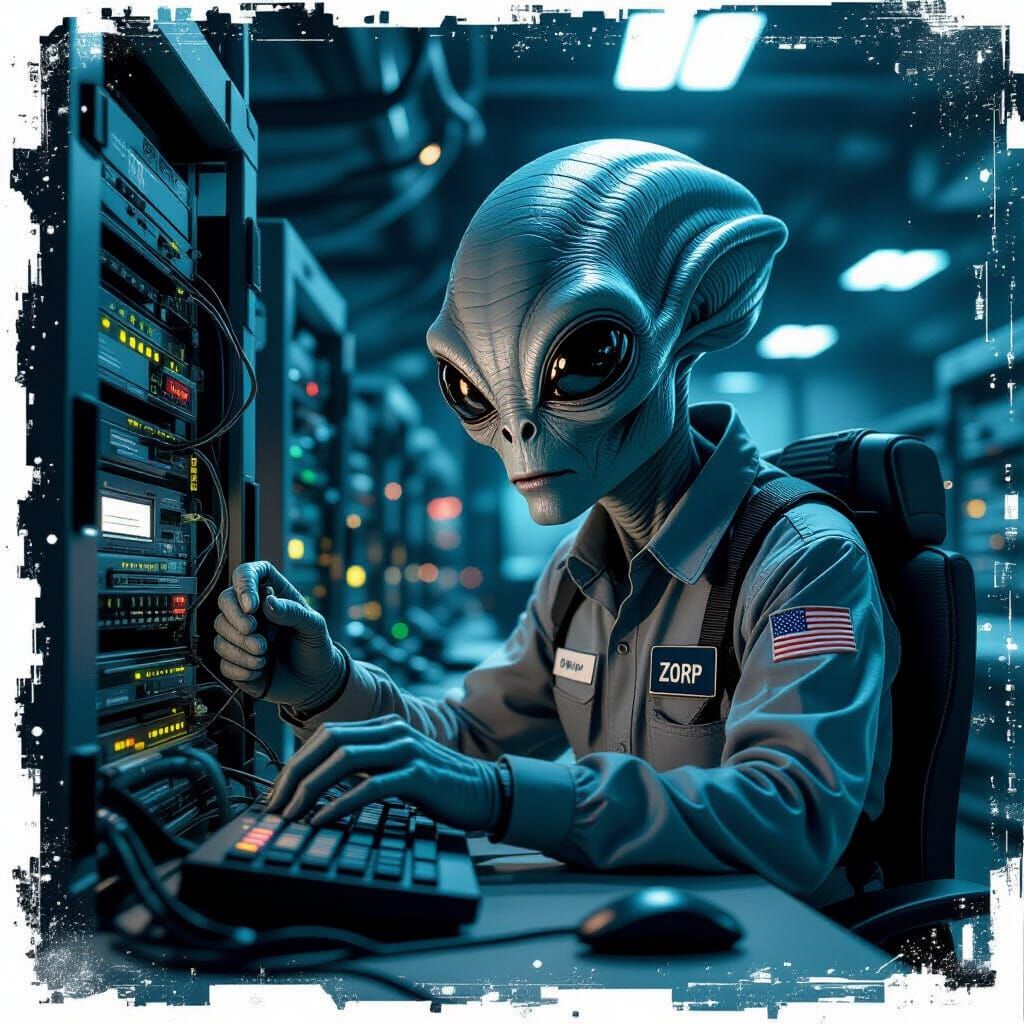 Grey Alien IT Tech Fixing Servers in Data Center