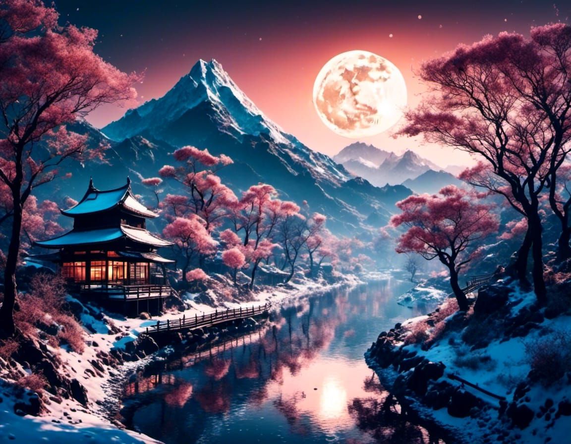 Mystical Japanese Winter Landscape with Moon