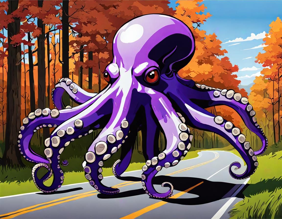 Alien Octopus Drives Rocket, Tempera Painting Style