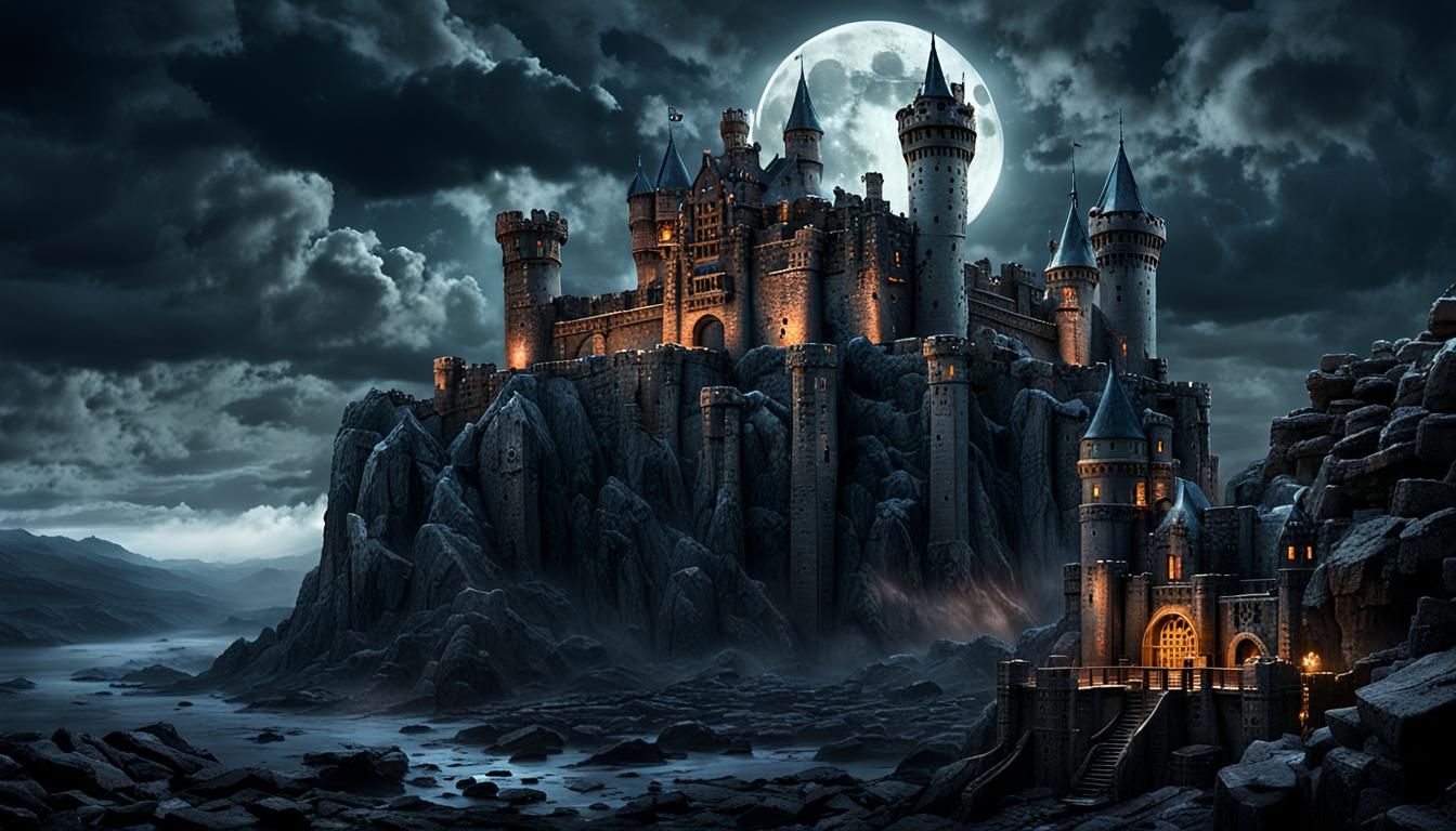 Steampunk Gothic Castle on Cliff in Moonlight