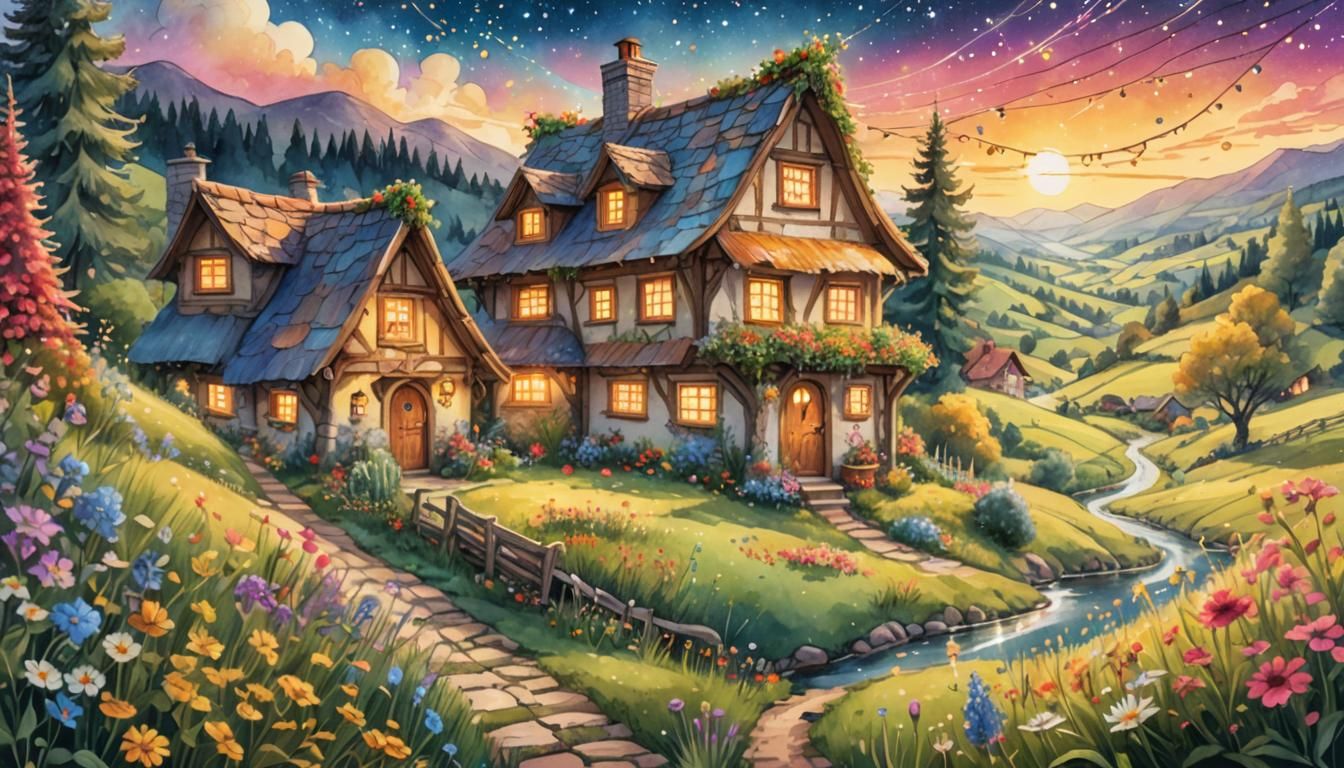 Fairytale Cottage Illustration with Twinkling Lights