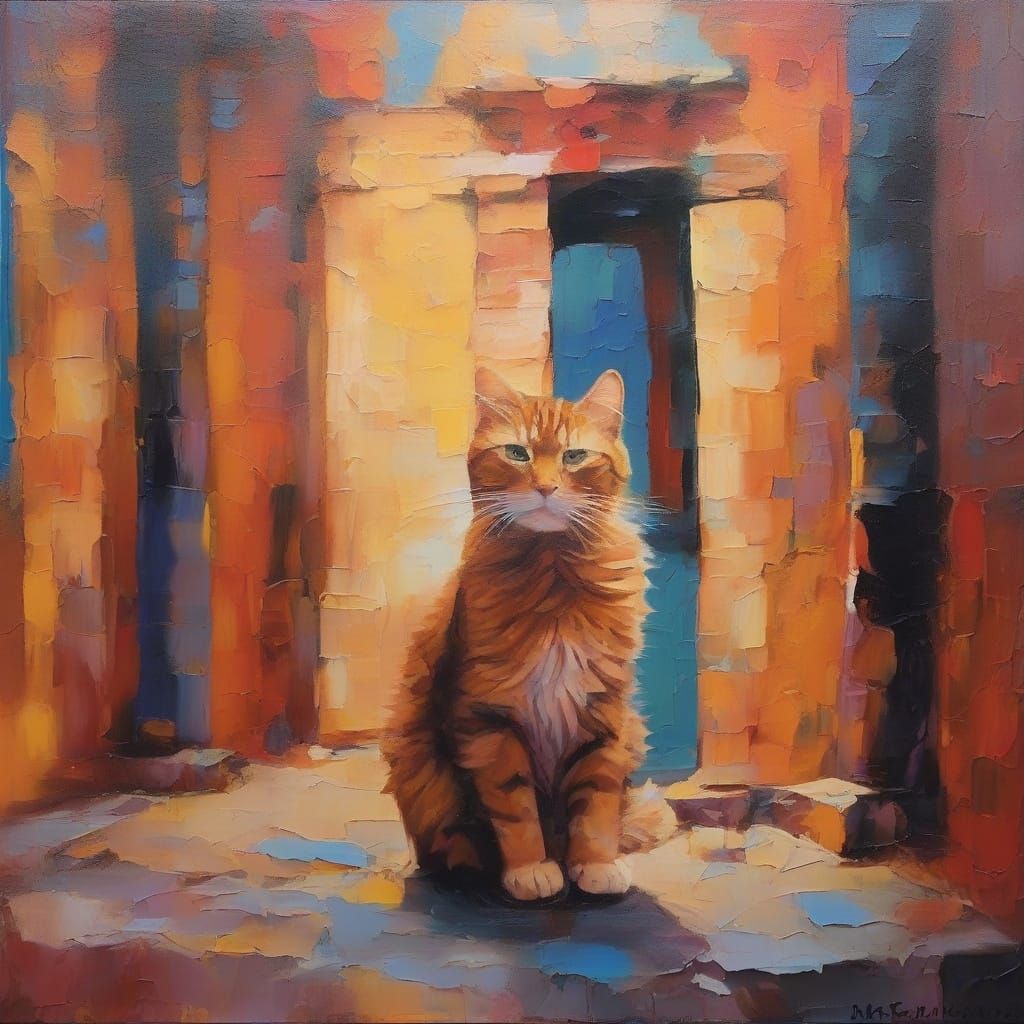 Expressionist Cat Explores Abstract Lost City Ruins